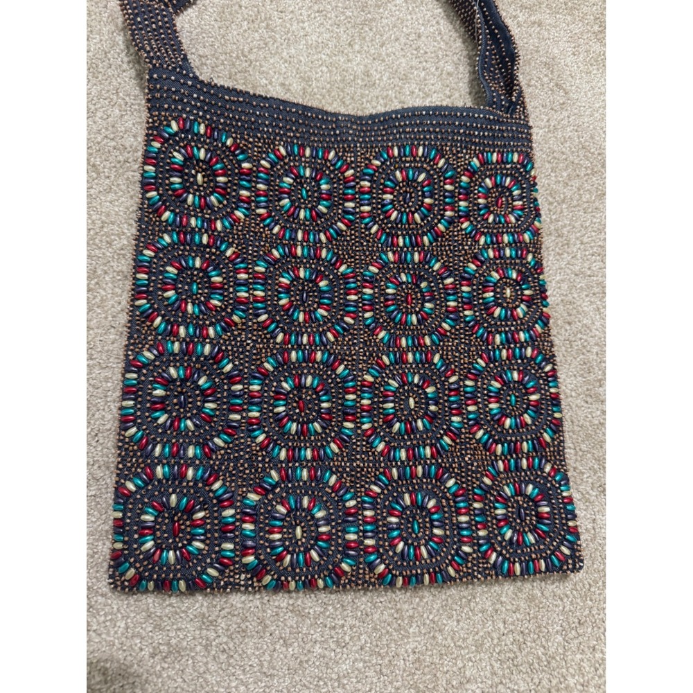 Moyna Hand Beaded Medallion Shoulder Bag Navy Denim Multicolored Rice Beads